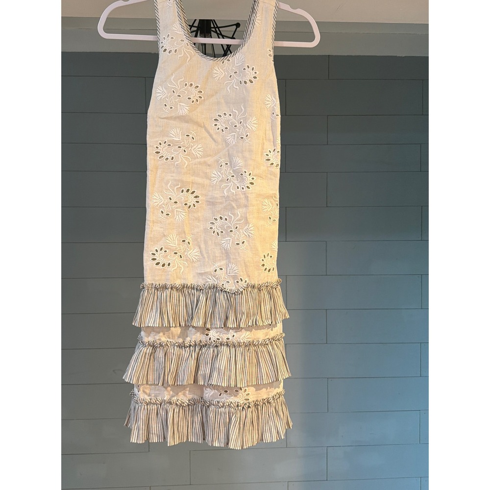 Rebecca Taylor Linen Eyelet Ruffle Dress Beige Blue Stripe Cross Back Size 0